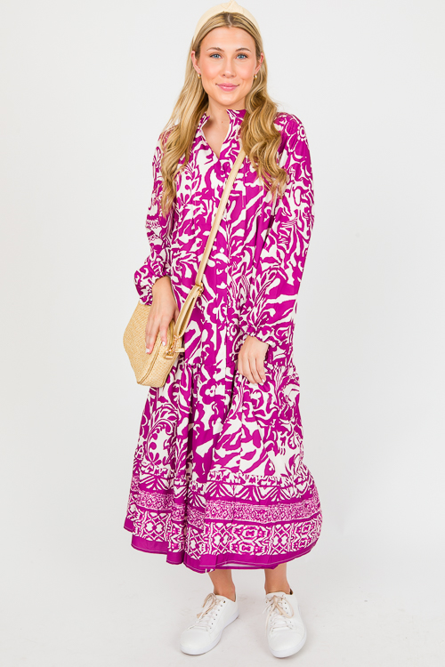 Printed Drop Tier Midi, Magenta