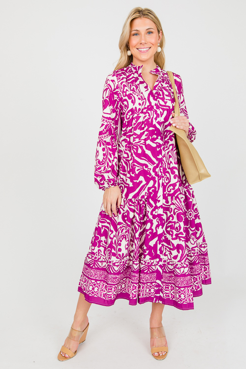 Printed Drop Tier Midi, Magenta