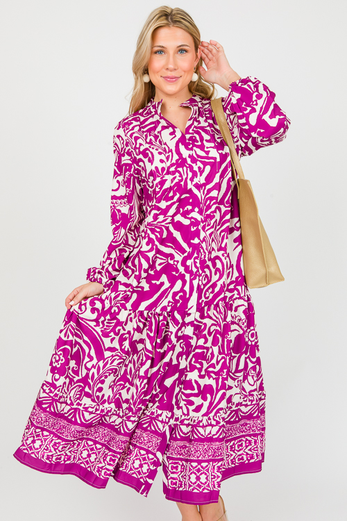 Printed Drop Tier Midi, Magenta