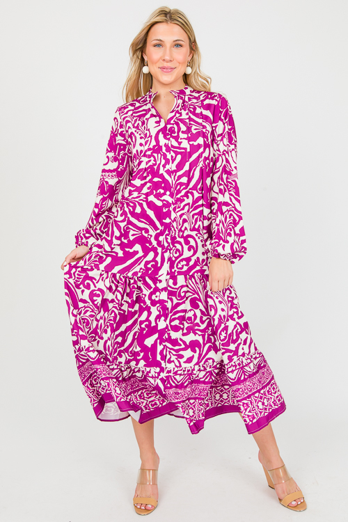 Printed Drop Tier Midi, Magenta