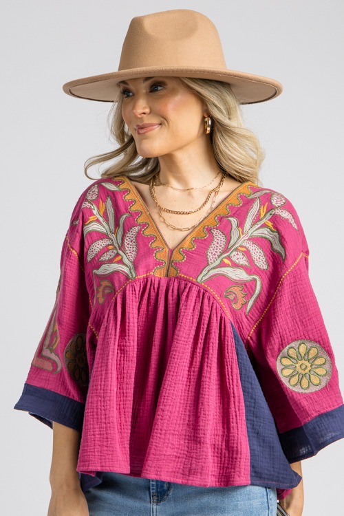 Embroidery Gauze Top, Fuchsia