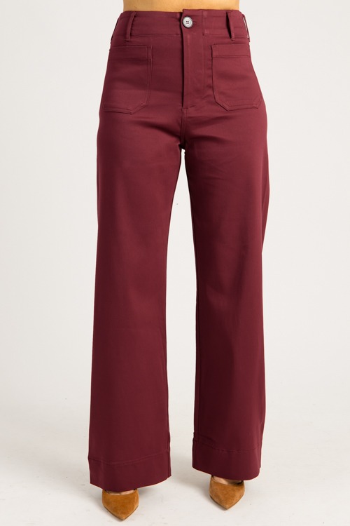 Patch Pocket Wide Leg Pants, Burgundy