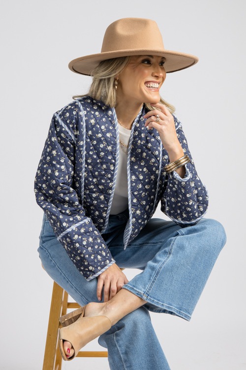 Stripe Trim Floral Jacket, Dk. Navy