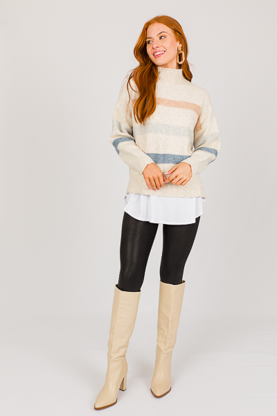 Mock Neck Stripe Sweater, Taupe