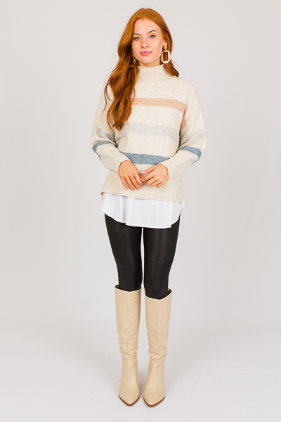 Mock Neck Stripe Sweater, Taupe