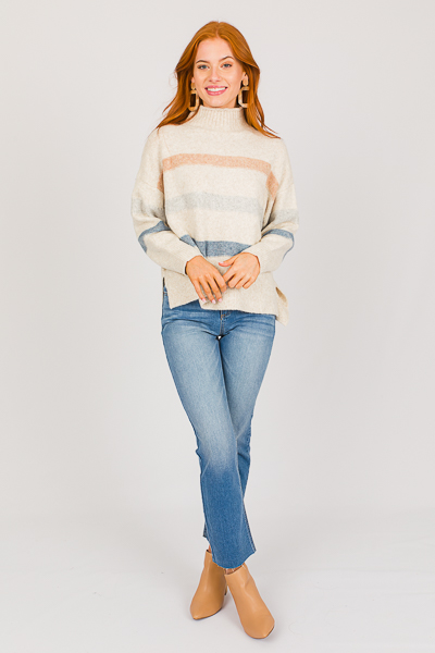 Mock Neck Stripe Sweater, Taupe