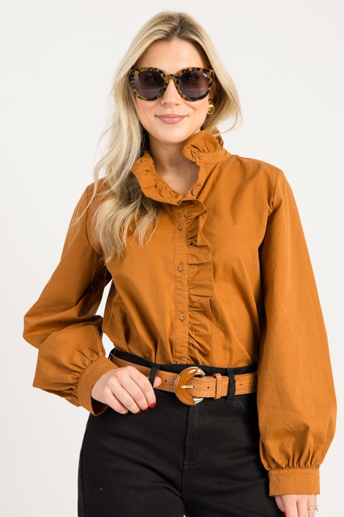 Ruffle Button Blouse, Toffee