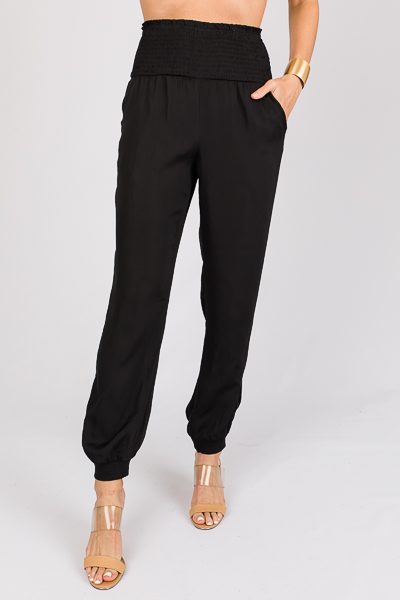 Silky Smocked Joggers, Black