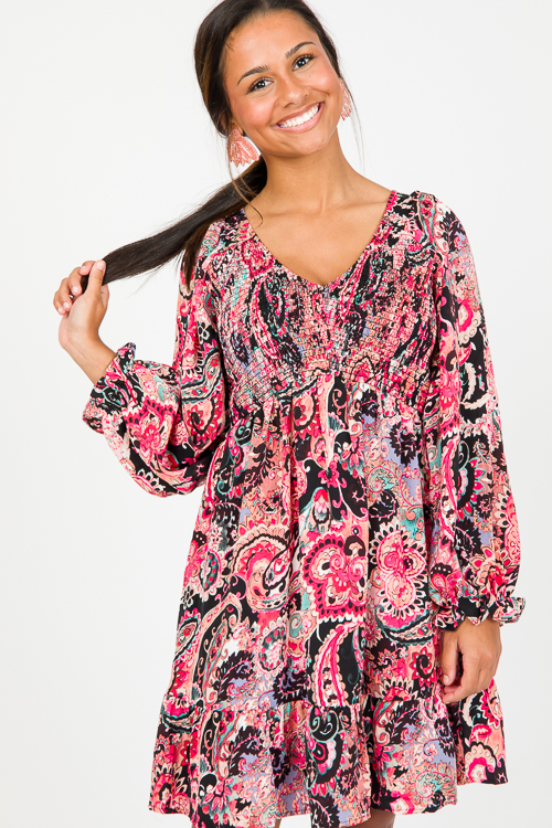 Smock V Paisley Dress, Black Mix