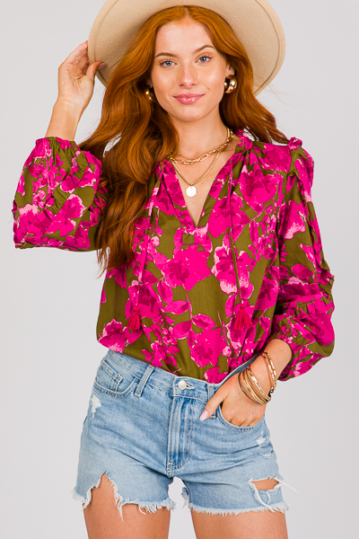 Ruffle Sleeve Blooms Top, Olive