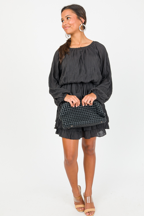 Textured Tie Waist Dress, Black