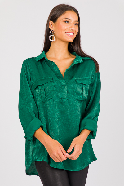 Satin Double Pocket Blouse, Hunter - SALE - The Blue Door Boutique