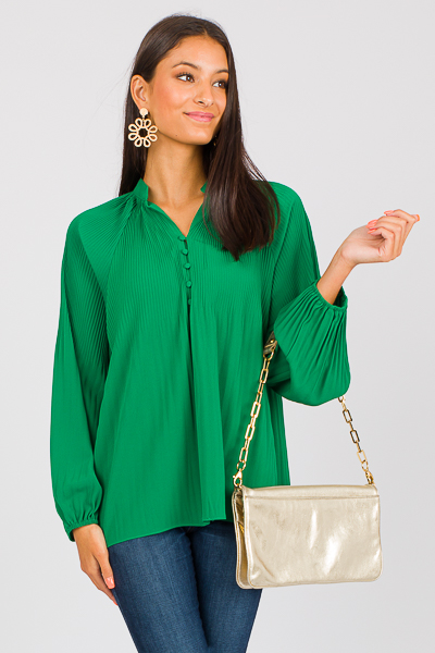 Plisse Button Blouse, Green