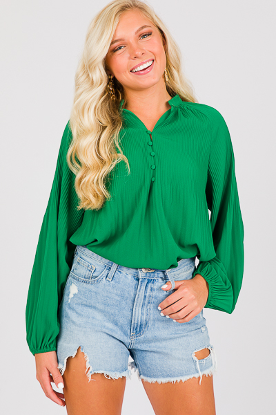 Plisse Button Blouse, Green