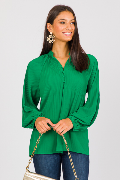 Plisse Button Blouse, Green