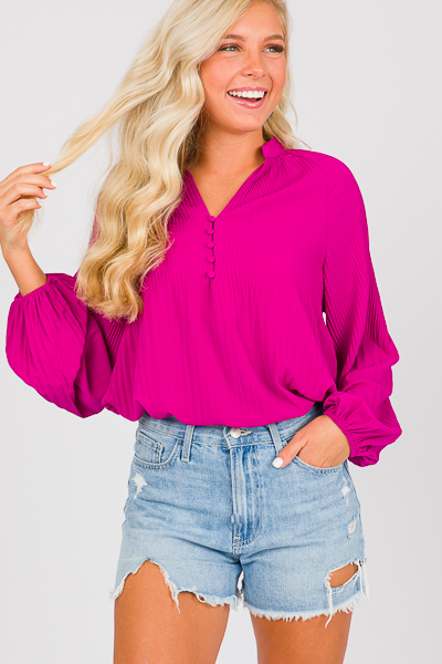 Plisse Button Blouse, Magenta