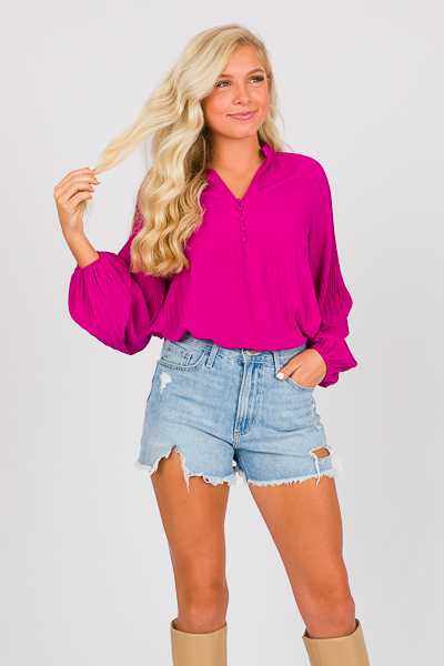 Plisse Button Blouse, Magenta