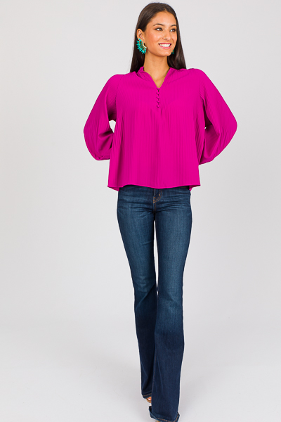 Plisse Button Blouse, Magenta