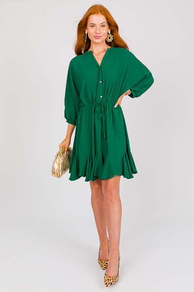 Draw Waist Flounce Dress, Green