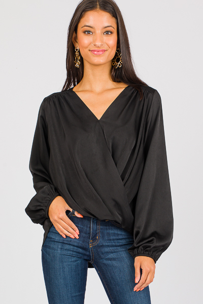 Satin Surplice Blouse, Black