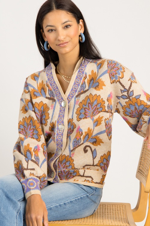 Floral Button Sweater, Taupe Combo