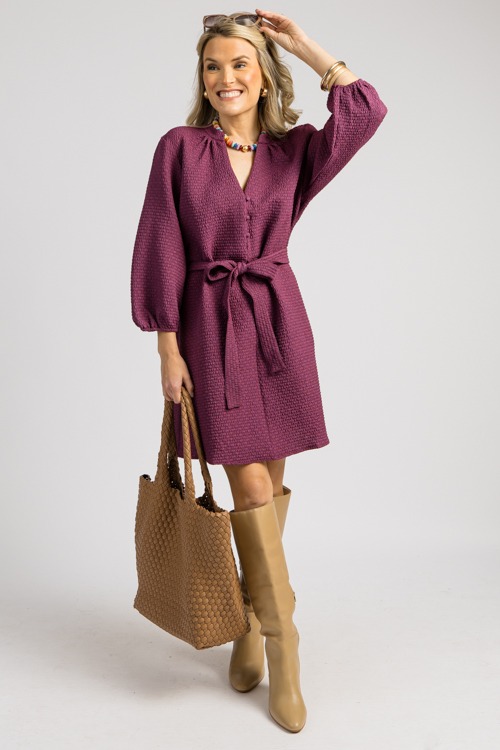 Tie Belt Texture Dress, Plum