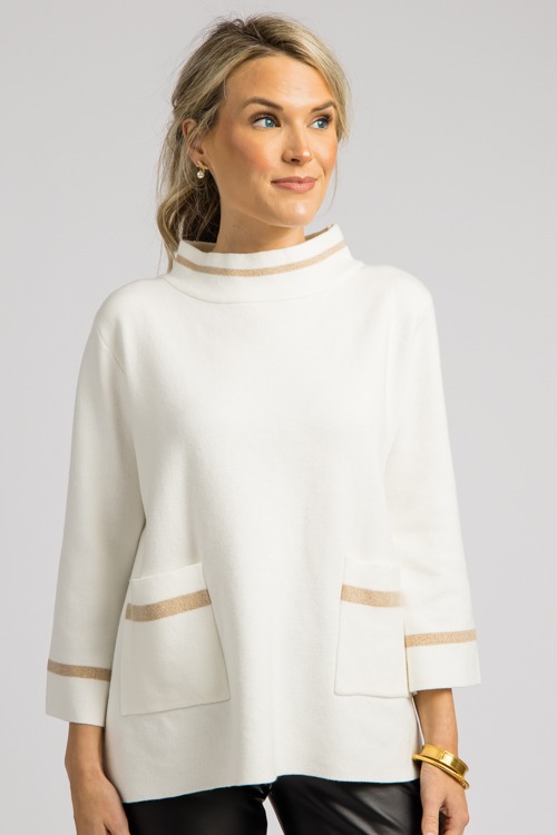 Stripe Trim Pocket Sweater, Cream