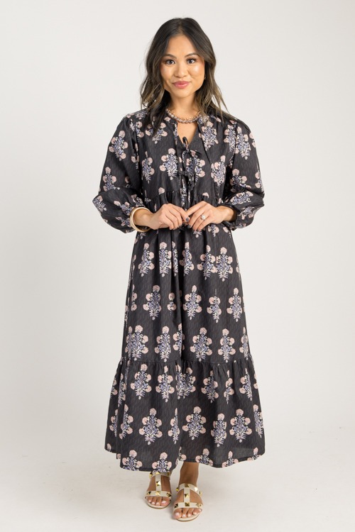 Tie Neck Blooms Midi, Black Mix