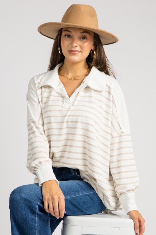 Rib Contrast Stripe Top, Mocha