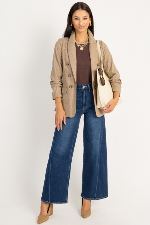 Plaid Ruched Sleeve Blazer, Brown
