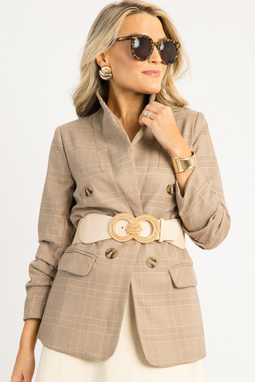 Plaid Ruched Sleeve Blazer, Brown - 0905-112h.jpg