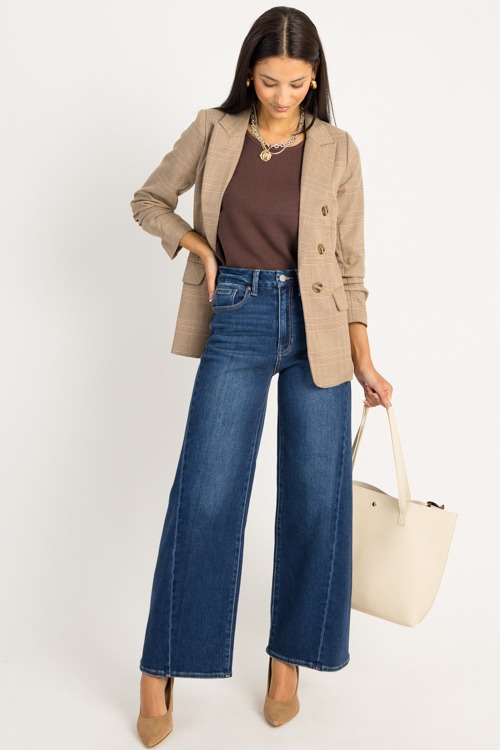 Plaid Ruched Sleeve Blazer, Brown - 0905-113.jpg
