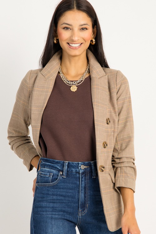 Plaid Ruched Sleeve Blazer, Brown - 0905-115.jpg
