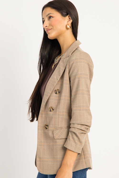 Plaid Ruched Sleeve Blazer, Brown - 0905-116.jpg