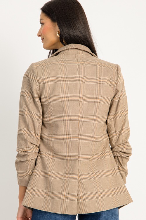 Plaid Ruched Sleeve Blazer, Brown - 0905-117.jpg