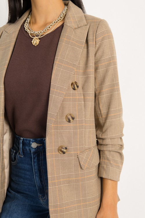 Plaid Ruched Sleeve Blazer, Brown - 0905-118.jpg