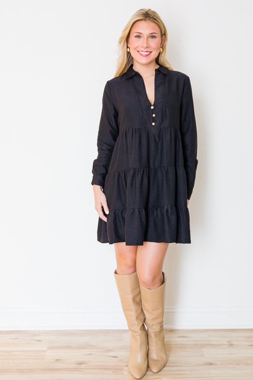 Gold Button Tier Dress, Black