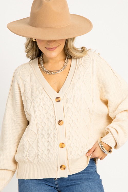 Cable Knit Button Cardi, Ecru