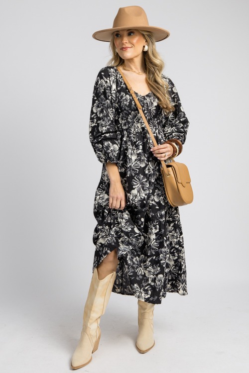 Floral Velvet Trim Midi, Black