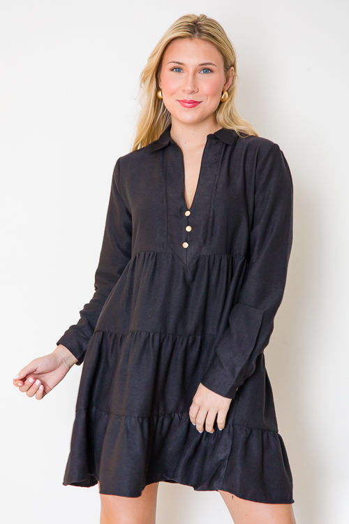 Gold Button Tier Dress, Black