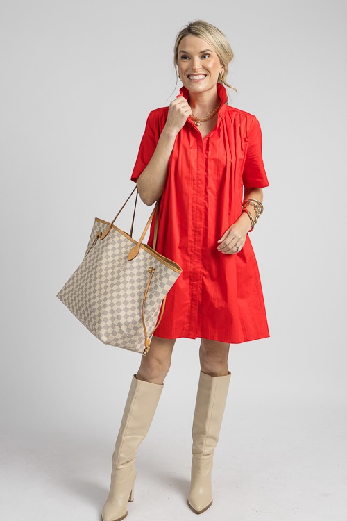 Pleated Shirt Dress, Red