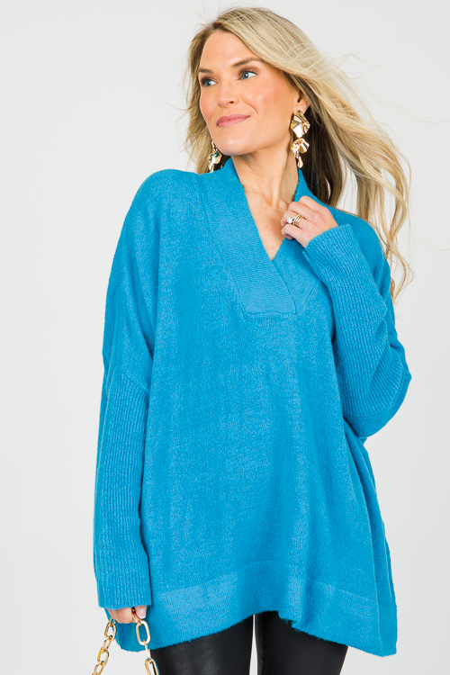 V-Neck Pullover Sweater, Teal Blue