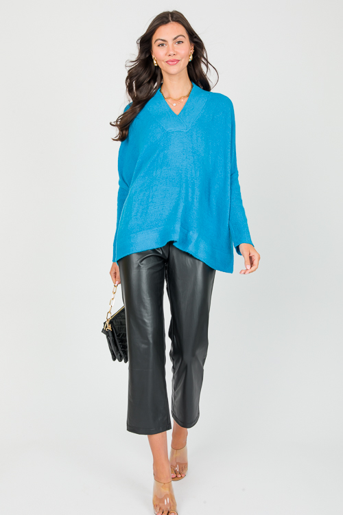 V-Neck Pullover Sweater, Teal Blue