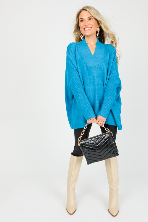 V-Neck Pullover Sweater, Teal Blue