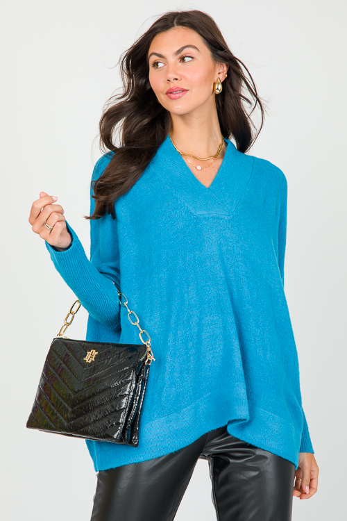 V-Neck Pullover Sweater, Teal Blue