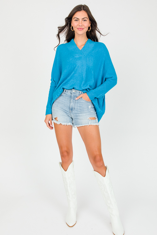 V-Neck Pullover Sweater, Teal Blue