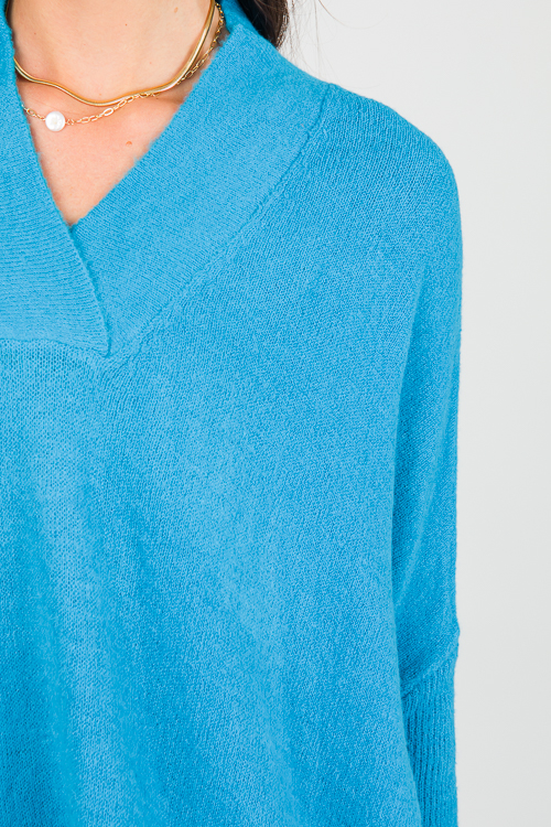 V-Neck Pullover Sweater, Teal Blue