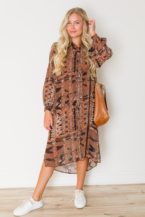 Printed Shirt Dress, Indigo/Tan