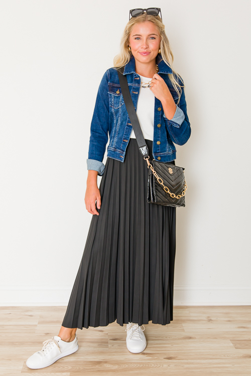 Pleated Knit Midi Skirt, Black