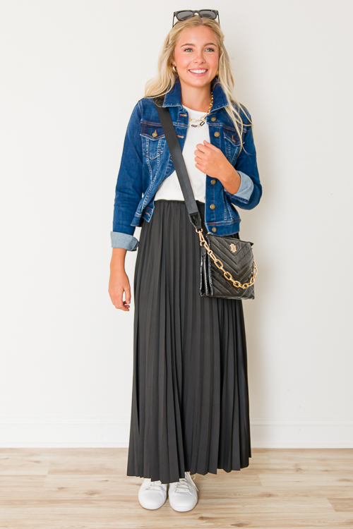 Pleated Knit Midi Skirt, Black